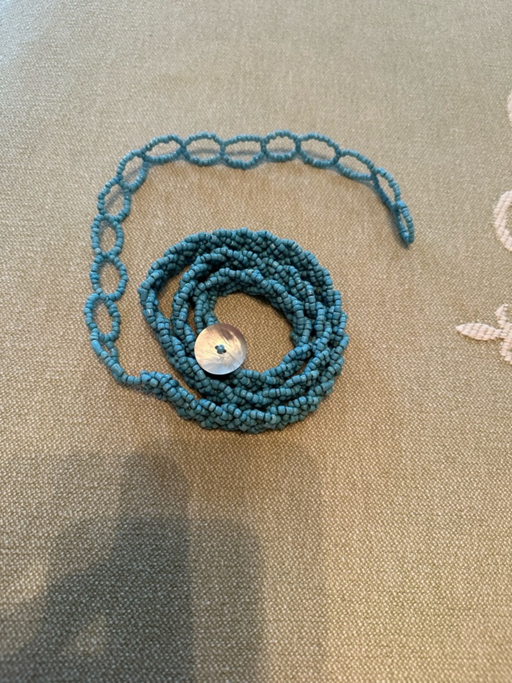 Handmade Turquoise Seed Bead Wrap belt  with Shell Button Closure